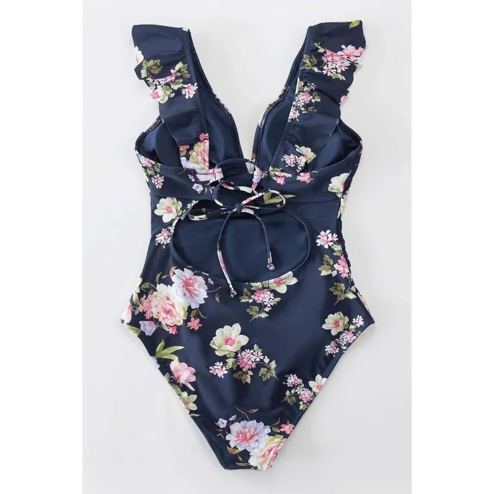 Women's Navy Floral Ruffled One Piece Swimsuit V Neck Lace Up
